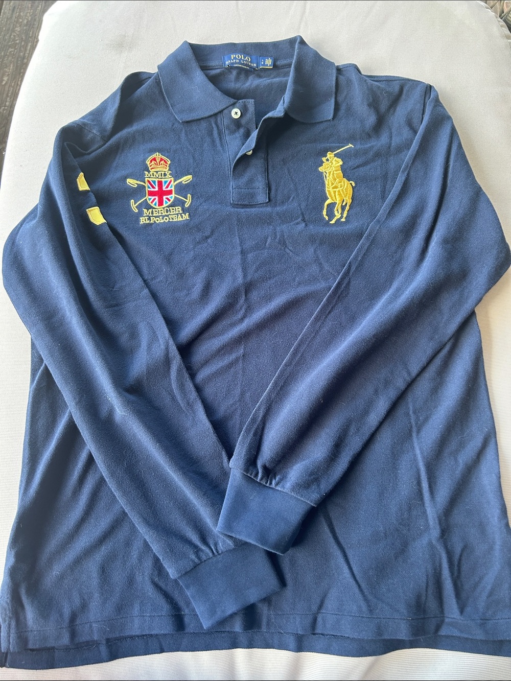 Polo by Ralph Lauren Navy Long-Sleeve V-Neck Polo with Yellow Embroidery